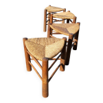 4 tabourets bois et paille tripodes triangle vintagecirca 1950