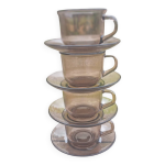 4 tasses et soucoupes verre fum� de arcoroc 1970