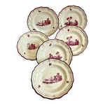6 anciennes assiettes creuses  soupe gien paysage rose 1938 / 1960