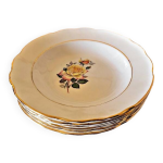 6 assiettes creuses gien gardanne, roses couleur jaune, liser�s dor�s