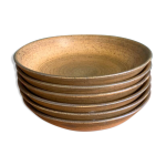 6 assiettes creuses en grès émaillé marron longchamp, années 1970 6 assiettes creuses en grès émaillé marron longchamp, années 1970
