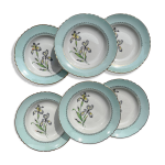 6 assiettes creuses porcelaine vintage blanche verte iris moulin des loups  sargosse  1950s