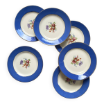 6 assiettes dessert faence ancienne bleue fleurs dorure saint amand