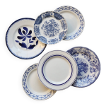 6 assiettes � dessert vintage porcelaine d�pareill�e bleue blanche