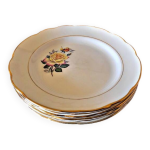 6 assiettes plates gien gardanne, roses couleur jaune, lisers dors