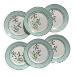 6 assiettes plates porcelaine vintage blanche verte iris moulin des loups  sargosse  1950s
