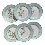6 assiettes plates porcelaine vintage blanche verte iris moulin des loups  sargosse  1950s