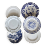 6 assiettes plates vintage dpareilles porcelaine bleue et blanche - lot r