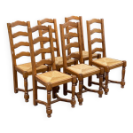 6 chaises bois massif sculpt� et paill�es dossier haut type ferme