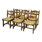 6 chaises en chne massif et paille dans le got de guillerme et chambron, 1950