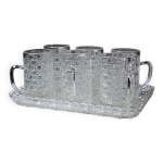 6 petites chopes et plateau vintages / anciennes en verre press style art dco