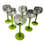 6 verres  vin blanc, pieds vert, annes 70