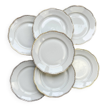7 assiettes plates vintage en porcelaine blanche et dorée spf géométrique 7 assiettes plates vintage en porcelaine blanche et dorée spf géométrique