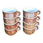8 tasses  caf de bistrot marron et blanche, en porcelaine, vintage