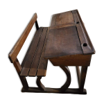 Ancien bureau pupitre d'colier vintage en bois deux places