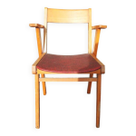 Ancien fauteuil bridge en bois et skai rouge