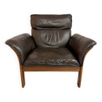 Ancien fauteuil design dreipunkt scala cuir noir et teck vintage 70