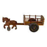 Ancien jouet en bois � tirer, attelage cheval et charrette, ann�es 60