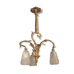 Ancien lustre en bronze / 3 tulipes signes negra