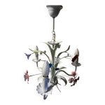 Ancien lustre plafonnier florentine bouquet floral design 1970 art décoratif tôle Ancien lustre plafonnier florentine bouquet floral design 1970 art décoratif tôle