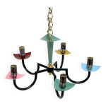 Ancien lustre suspension moderniste 5 bras - métal et laiton - vintage 60's Ancien lustre suspension moderniste 5 bras - métal et laiton - vintage 60's