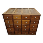 Ancien meuble de mtier  tiroirs bois massif en chne, poignes porcelaine