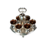 Ancien oeufrier complet : coquetiers, cuillres et prsentoir mtal argent c510