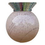 Ancien plafonnier boule verre de clichy imposant rose & argent luminaire art dco