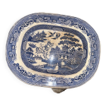 Ancien plateau à viande en poterie perle antique assiette saule bleu blanc Ancien plateau à viande en poterie perle antique assiette saule bleu blanc