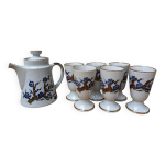 Ancien service  caf avec 6 mazagrans et cafetire dcor floral bleu
