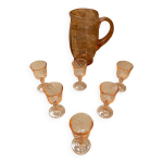 Ancien service pichet verre souffl rose + 6 verres  liqueur vintage