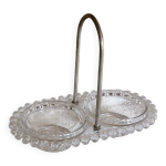 Ancien serviteur sel / poivre en verre, poignée chromée Ancien serviteur sel / poivre en verre, poignée chromée