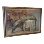 Ancien tableau nature morte faisan peinture sur toile signée Ancien tableau nature morte faisan peinture sur toile signée