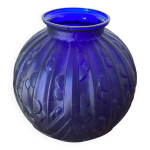 Ancien vase boule art dco verre moul bleu tchque dcoration vintage