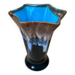 Ancien vase style vallauris c�ramique noir bleu beige vintage