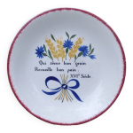 Ancienne assiette platte gien avec maxime populaire