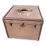 Ancienne malle de voyage, caisse de transport en bois et cuir 1900