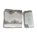 Ancienne nappe carre en lin mtis bis et 6 napperons assortis