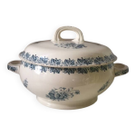 Ancienne soupi�re terre de fer d�cor bleu fleuri