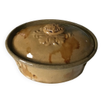 Ancienne terrine pte ou foie gras en terre cuite vernisse beige avec coulures marron . tres belle pa ...