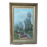 Ancienne toile peinture � l huile / sc�ne de vie / les lavandi�res / sign�e m. merlin