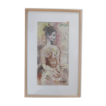 Aquarelle encadre baguettes bois clair signe ?uvre unique