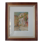 Aquarelle de louis houpin : rue du four falicon alpes maritimes 06, rencadre bois et or