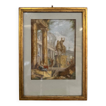 Aquarelle sur papier verger, ruines animes avec statue questre, xviiime sicle