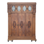 Armoire bibliothque bois sculpt 3 portes ancienne, vitre hublot biseaut