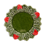 Assiette artisanale aux fraises en barbotine verte et rouge