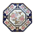 Assiette octogonale ancienne aux motifs d'oiseau et de pivoines, chinoiseries
