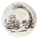 Assiette plate tunstall en terre de fer anglaise marron et dor�e, service  amazon  vers 1880