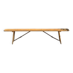 Banc pliant vintage bois de pin avec patine jaune france vers 1950 19