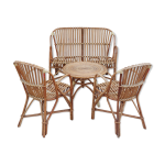 Banquette table et deux fauteuils en rotin 1950 vintage